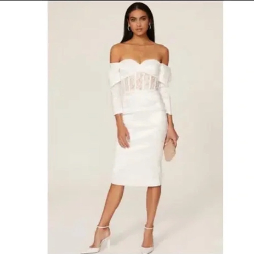 Off-Shoulder White Midi Dress with Lace Bodice